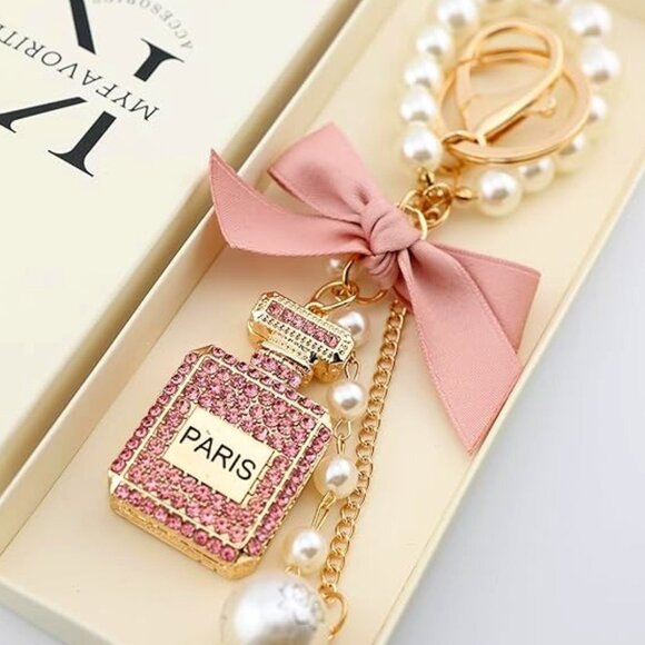 Paris Perfume Bottle Pearl Crystal Keychain Bag Charm - Picture 1 of 5